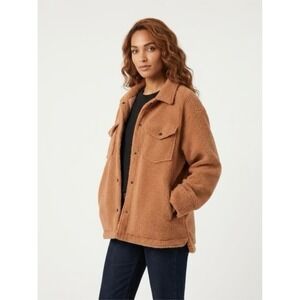 Skechers Womens Sherpa Shacket Quilted Lined Fleece Jacket Brown Large